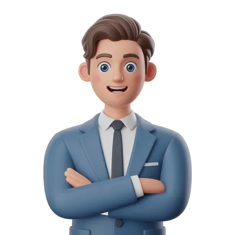 Professional smiling businessman with arms crossed in blue suit for corporate presentations and branding PNG