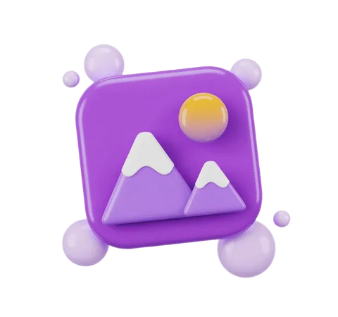 Purple 3d mountain camera icon with sunburst and bubbles for app design and digital media PNG