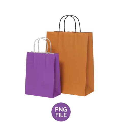 Purple and orange shopping bags with handles for retail packaging and branding designs PNG