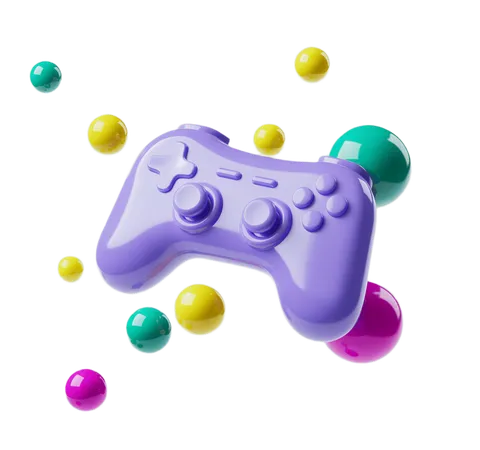 Purple game controller clipart with floating colorful spheres for gaming graphics and digital designs PNG