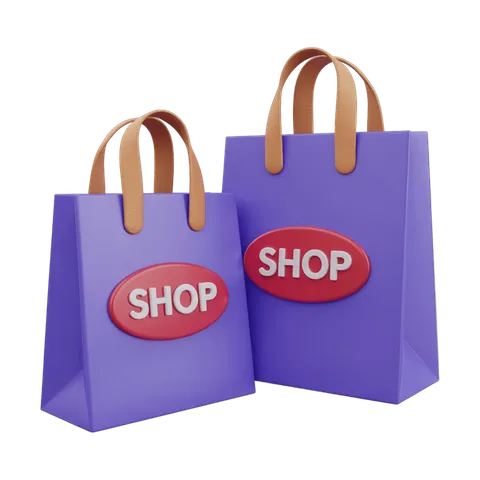 Purple shopping bags with red shop labels for online store branding and retail marketing designs PNG
