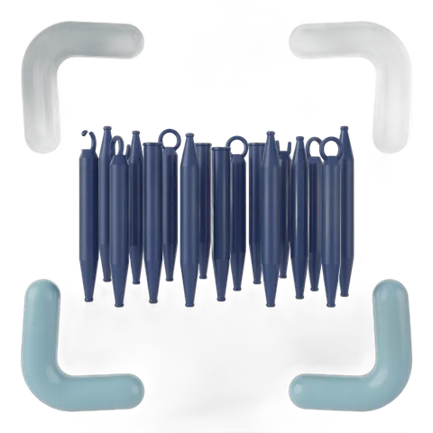 Set of twelve blue toothbrushes in dental holder for bathroom hygiene display PNG