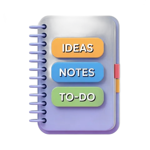 Spiral bound notebook with ideas notes and to-do color labeled tabs for productivity organization PNG