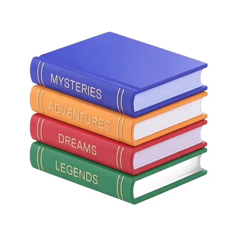 Stack of colorful hardcover books with labels mysteries adventures dreams legends for editorial design PNG