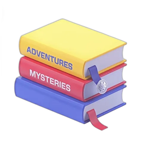 Stacked colorful books labeled adventures mysteries for children educational materials and storytime illustrations PNG
