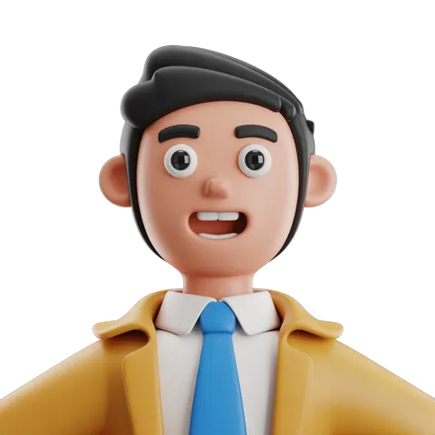 Surprised business man in yellow jacket and blue tie isolated character for presentations and marketing PNG