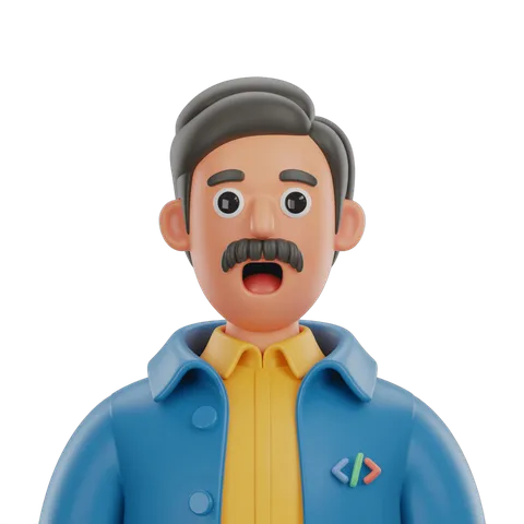 Surprised programmer in blue jacket with yellow shirt showing shock and coding logo on chest PNG