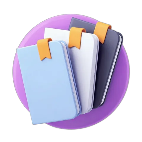 Three colorful notebooks stacked with bookmark tabs for office organization and planning PNG
