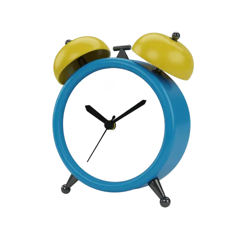 Vibrant blue alarm clock with yellow bells isolated clipart for graphic design projects PNG