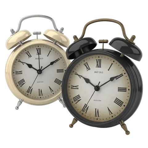 Vintage alarm clocks with roman numerals isolated on transparent background for editorial and graphic design PNG