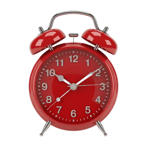 Vintage red alarm clock with white hands showing time for productivity and time management graphics PNG