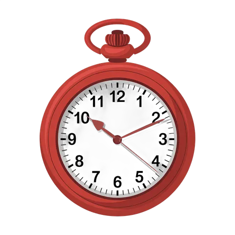 Vintage red pocket alarm clock showing 10:09 time isolated transparent background clipart PNG