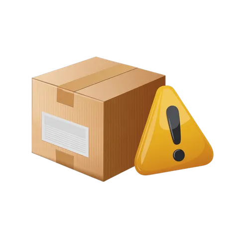 Warning sign next to brown cardboard box isolated transparent background clipart PNG