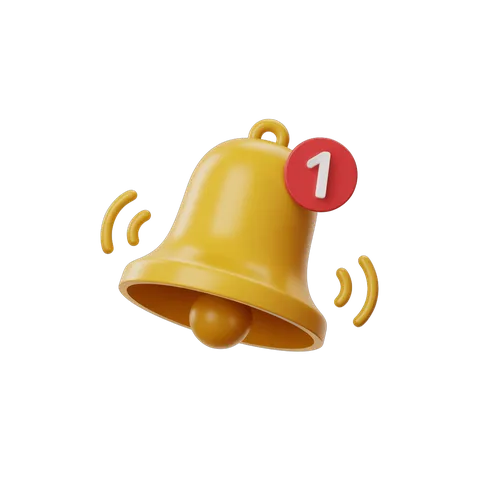 Yellow notification bell with number one alert icon for app updates and priority messages PNG