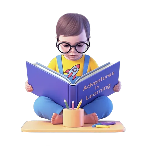Young child with short brown hair and glasses reading adventures in learning book with colorful pencils PNG
